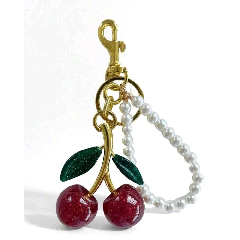 Glitter Red Cherry Bag Purse Charm With Pearl Beads String Keychain Bronze Resin